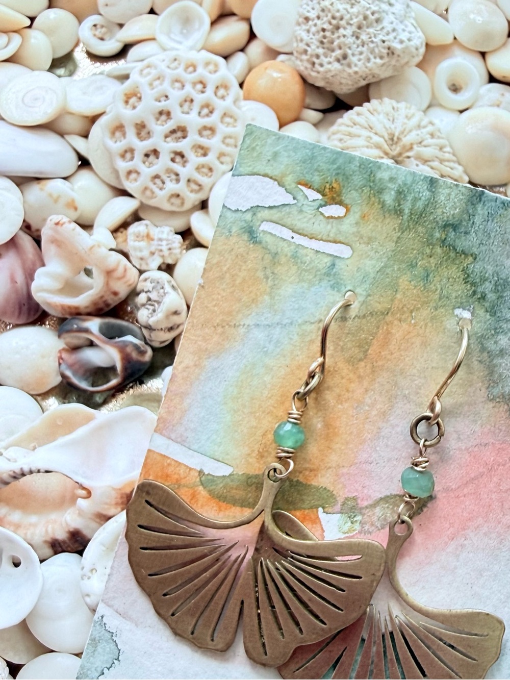Ginkgo Leaf Drop Earrings with Green Beads